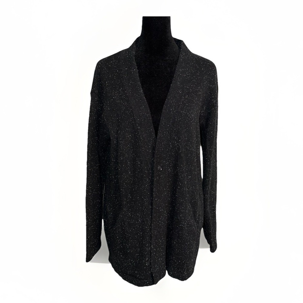 J. Jill Womans Size MP Black Speckled Angora Cardigan Sweater One Button Pockets